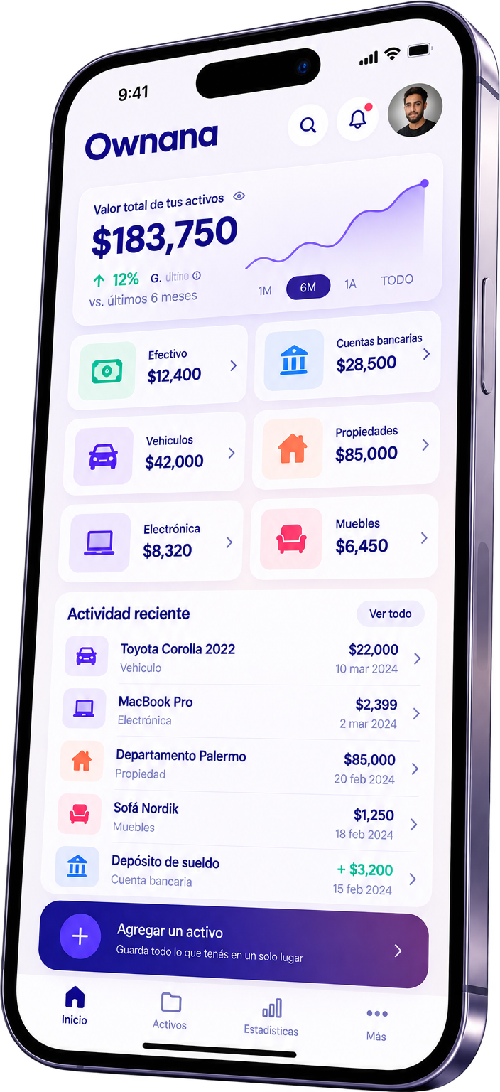 Ownana on iPhone, showing a net worth of $183,750 and a list of personal assets